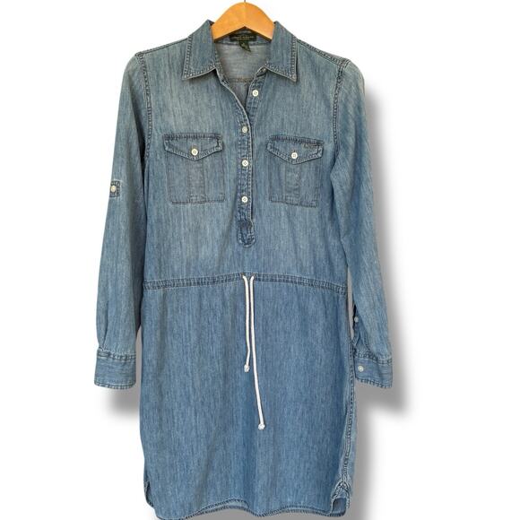 Lauren Ralph Lauren Shirt Dress Women's Size 6 Chambray Waist Tie Embroidered - Picture 1 of 7